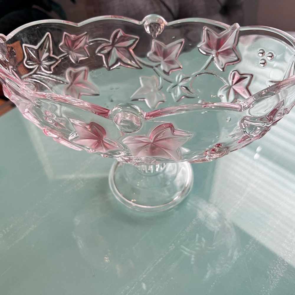 Glass Bowl with Pink Leaf Design